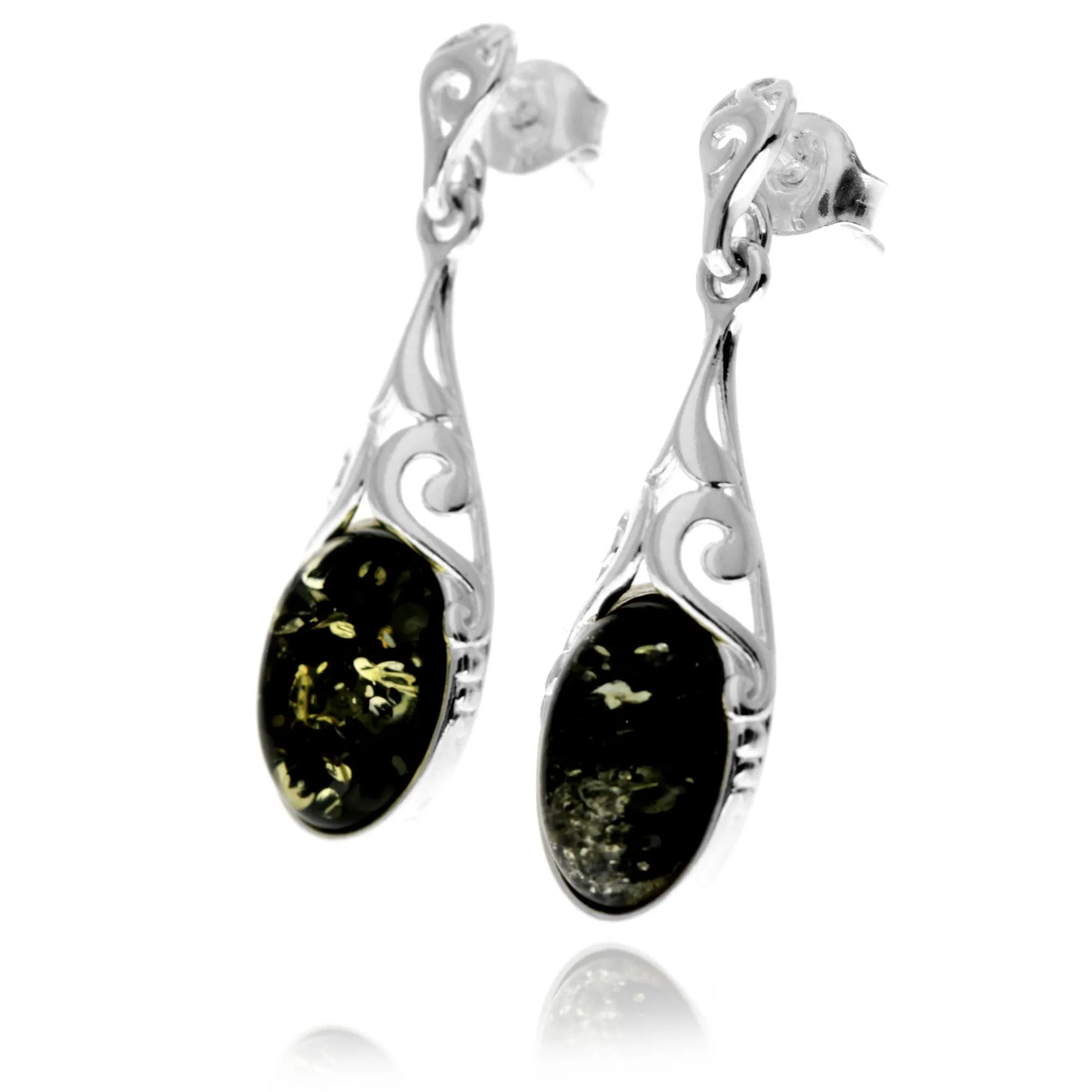925 Sterling Silver & Genuine Baltic Amber Celtic Drop Dangle Earrings - GL1052