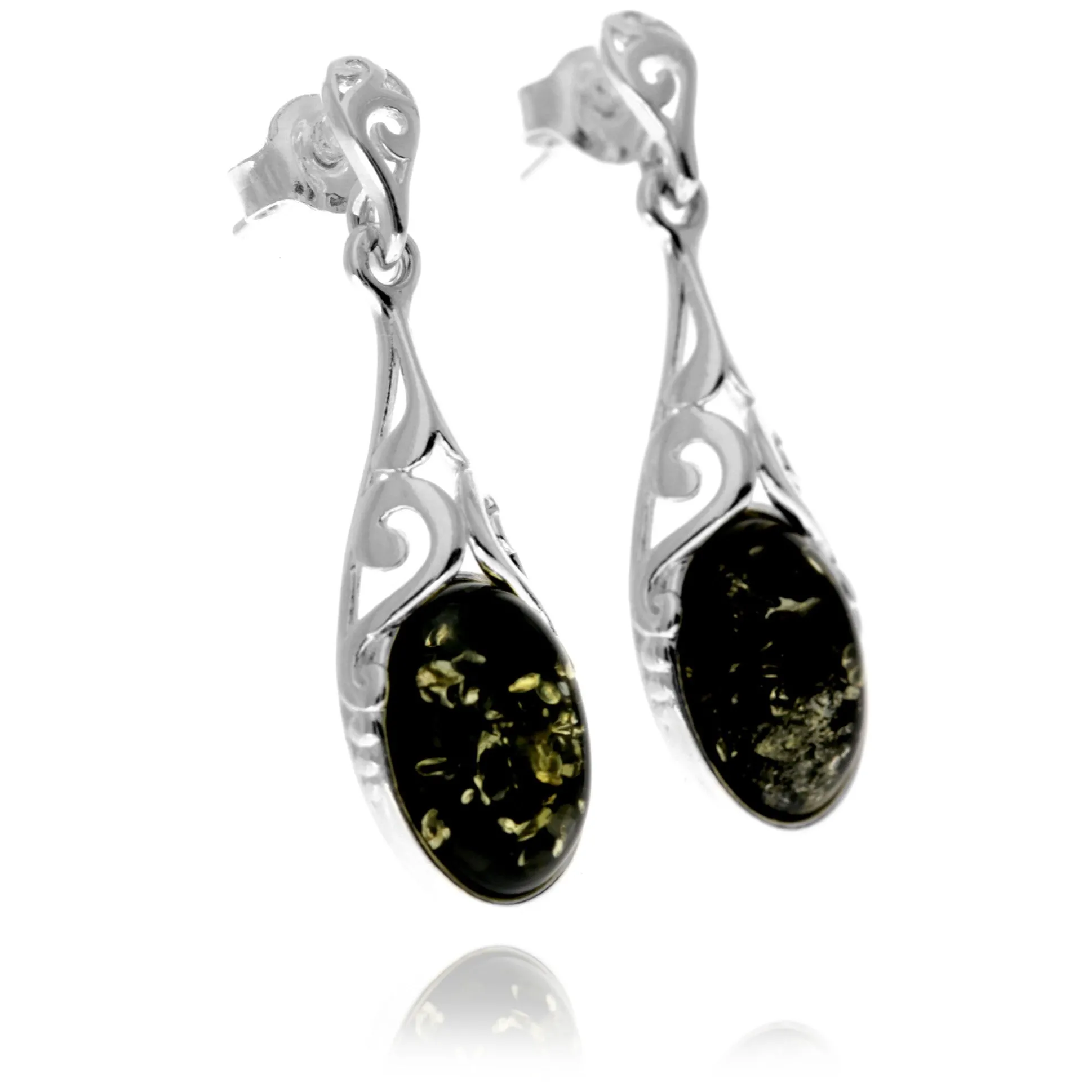 925 Sterling Silver & Genuine Baltic Amber Celtic Drop Dangle Earrings - GL1052
