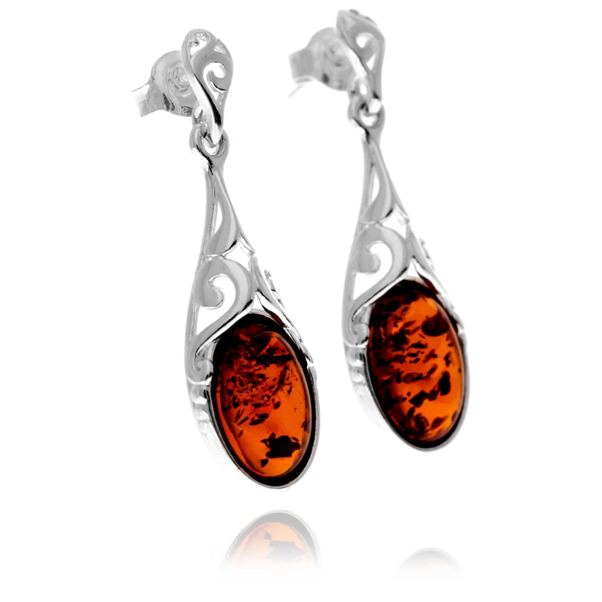 925 Sterling Silver & Genuine Baltic Amber Celtic Drop Dangle Earrings - GL1052