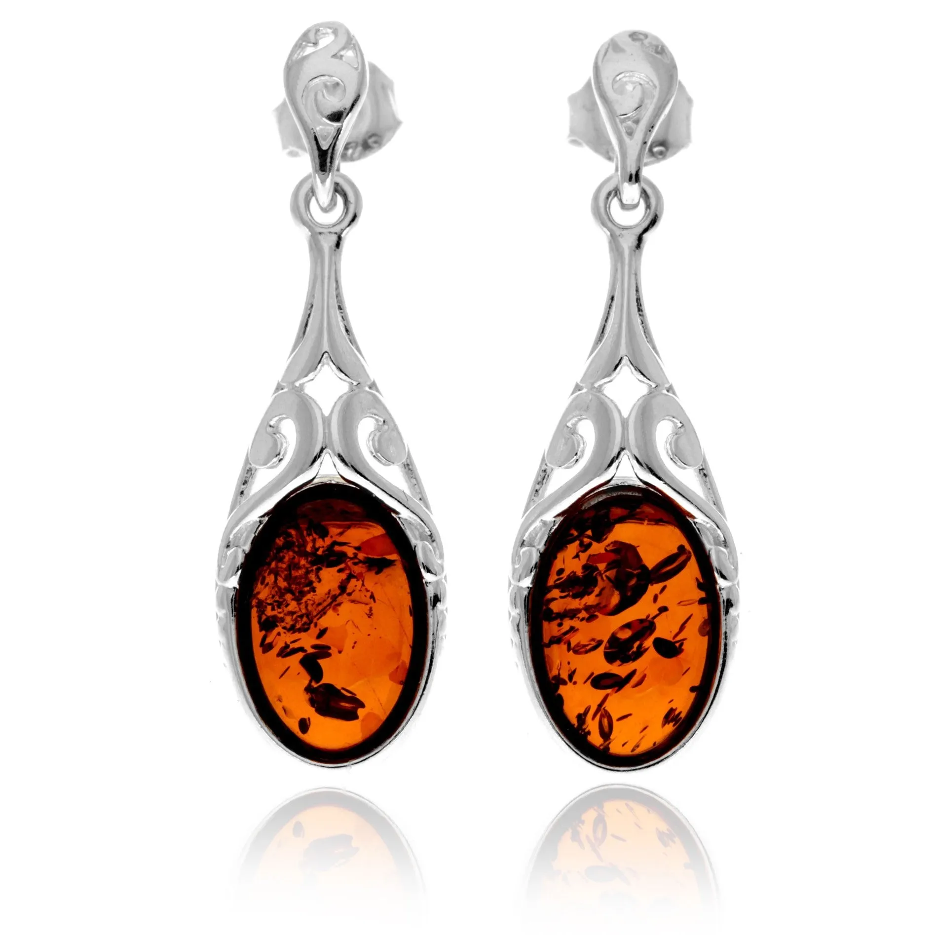 925 Sterling Silver & Genuine Baltic Amber Celtic Drop Dangle Earrings - GL1052