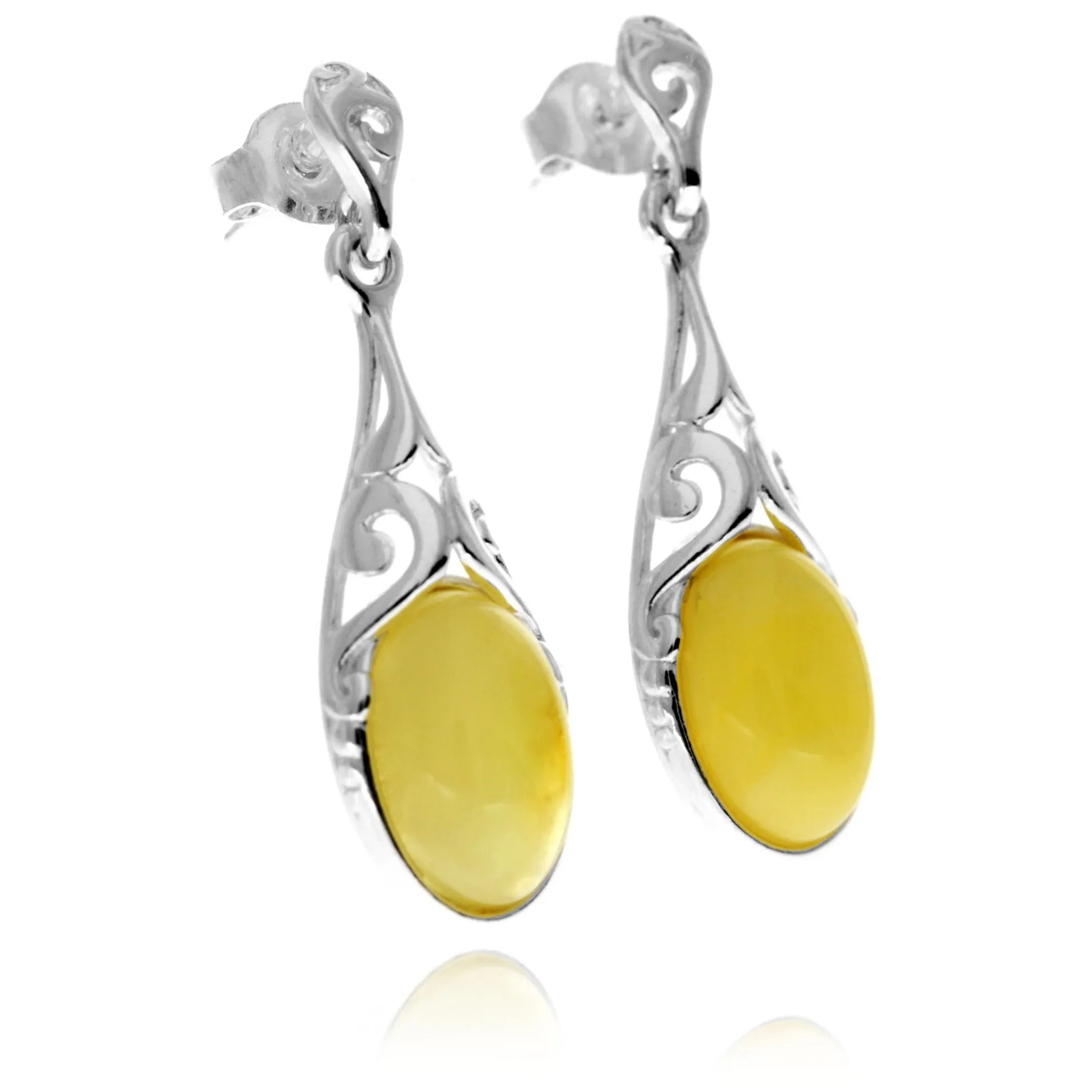 925 Sterling Silver & Genuine Baltic Amber Celtic Drop Dangle Earrings - GL1052