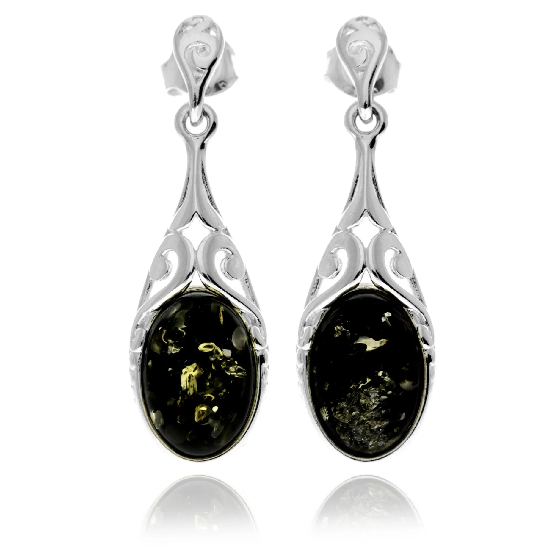 925 Sterling Silver & Genuine Baltic Amber Celtic Drop Dangle Earrings - GL1052