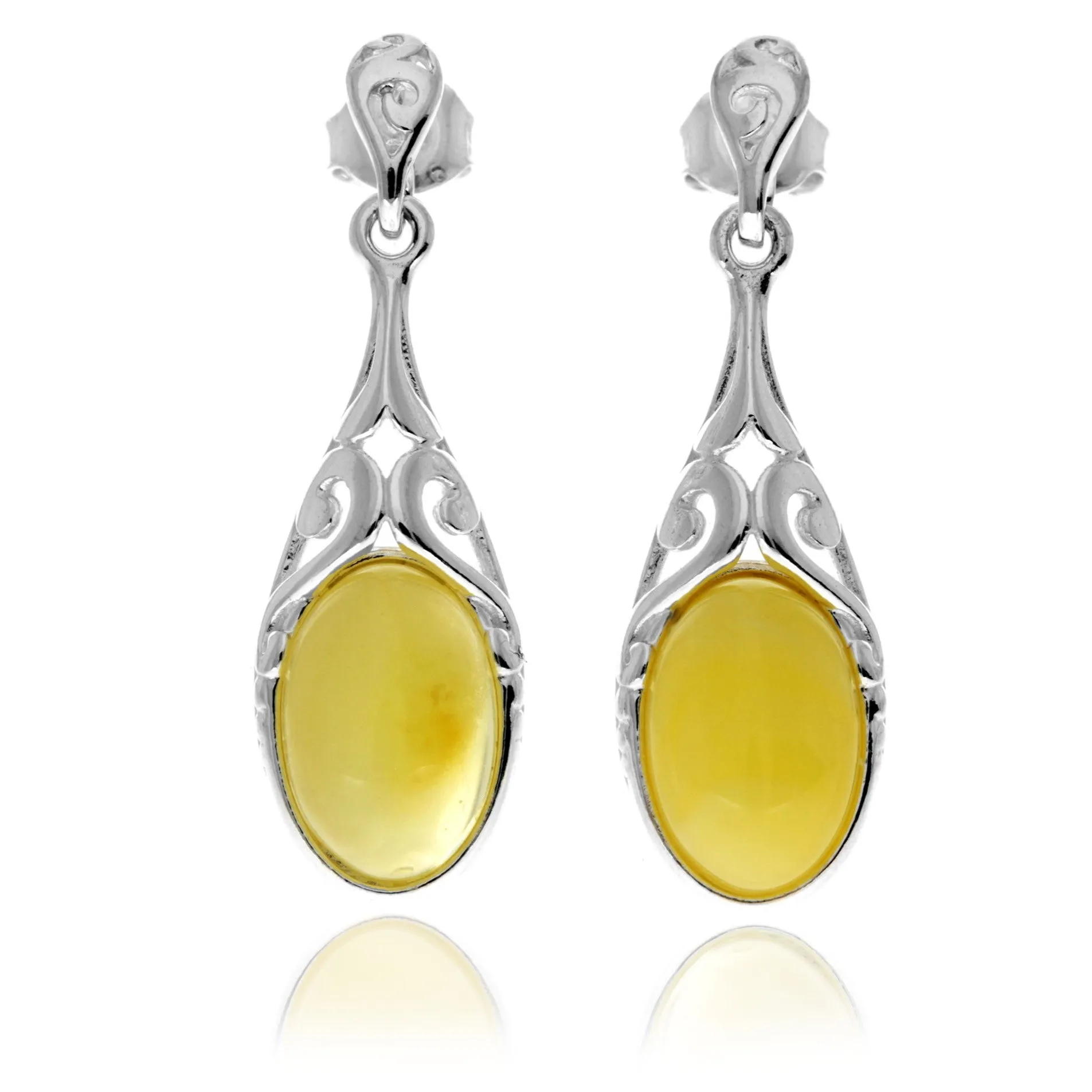 925 Sterling Silver & Genuine Baltic Amber Celtic Drop Dangle Earrings - GL1052