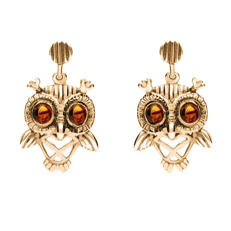 9ct Rose Gold Amber Orange Owl Stud Earrings