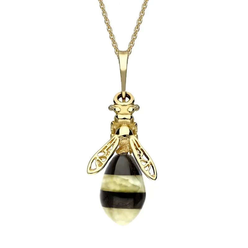 9ct Yellow Gold Whitby Jet Amber Bee Drop Necklace