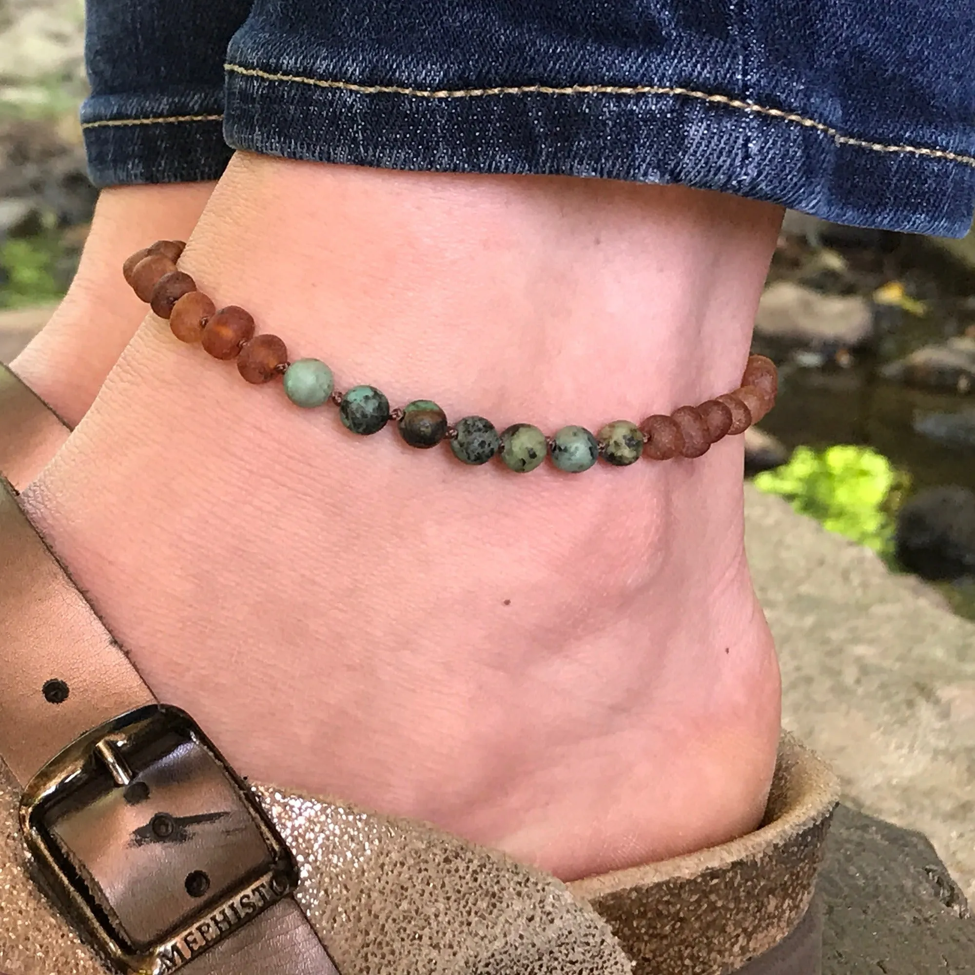 Adults | Green Jade   Raw Cognac Amber Anklet