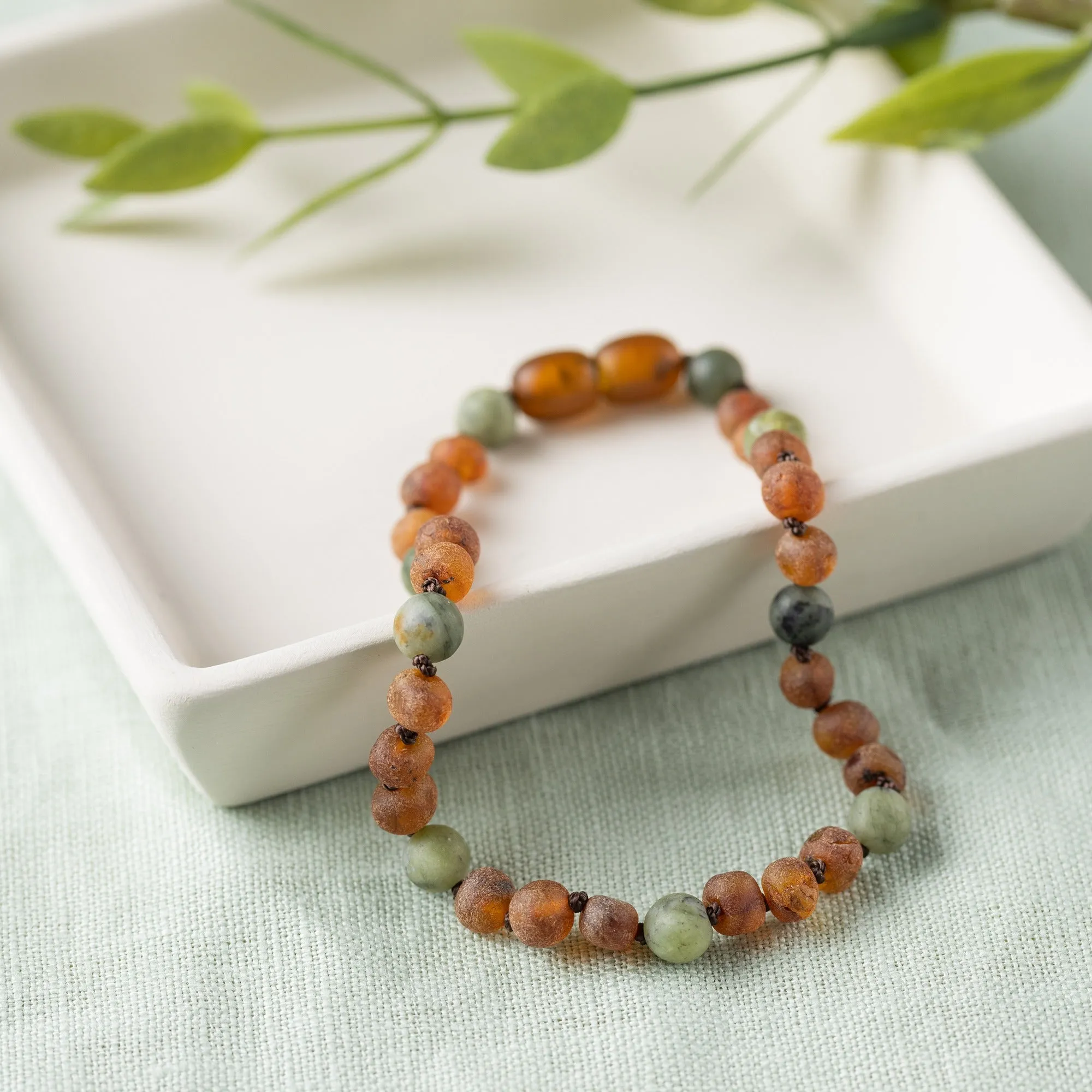 Adults | Green Jade   Raw Cognac Amber Anklet