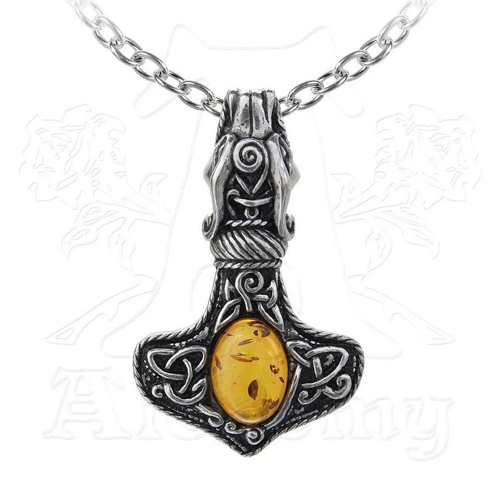 Amber Dragon Thor's Hammer Necklace, Alchemy Gothic