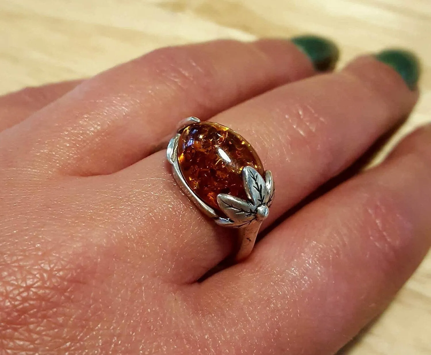 Amber Leaf Ring - Genuine Amber Ring - Vintage Amber Ring