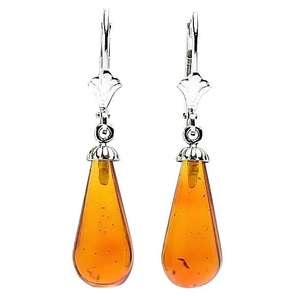 Anya: Natural 16mm Baltic Amber Teardrop Leverback Earrings 925 Silver