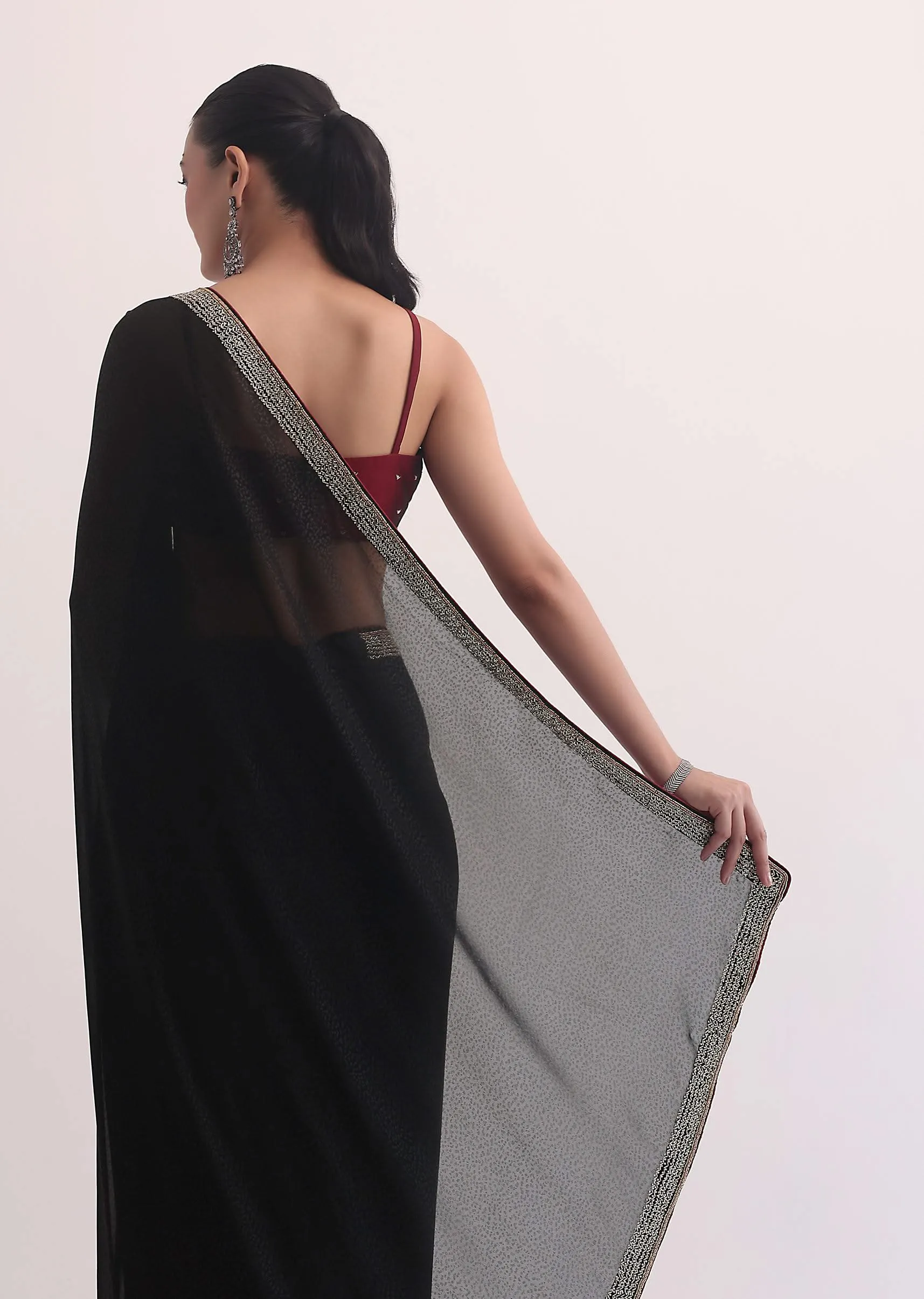 Black Jacquard Saree In Stone Embroidery With Unstitched Blouse