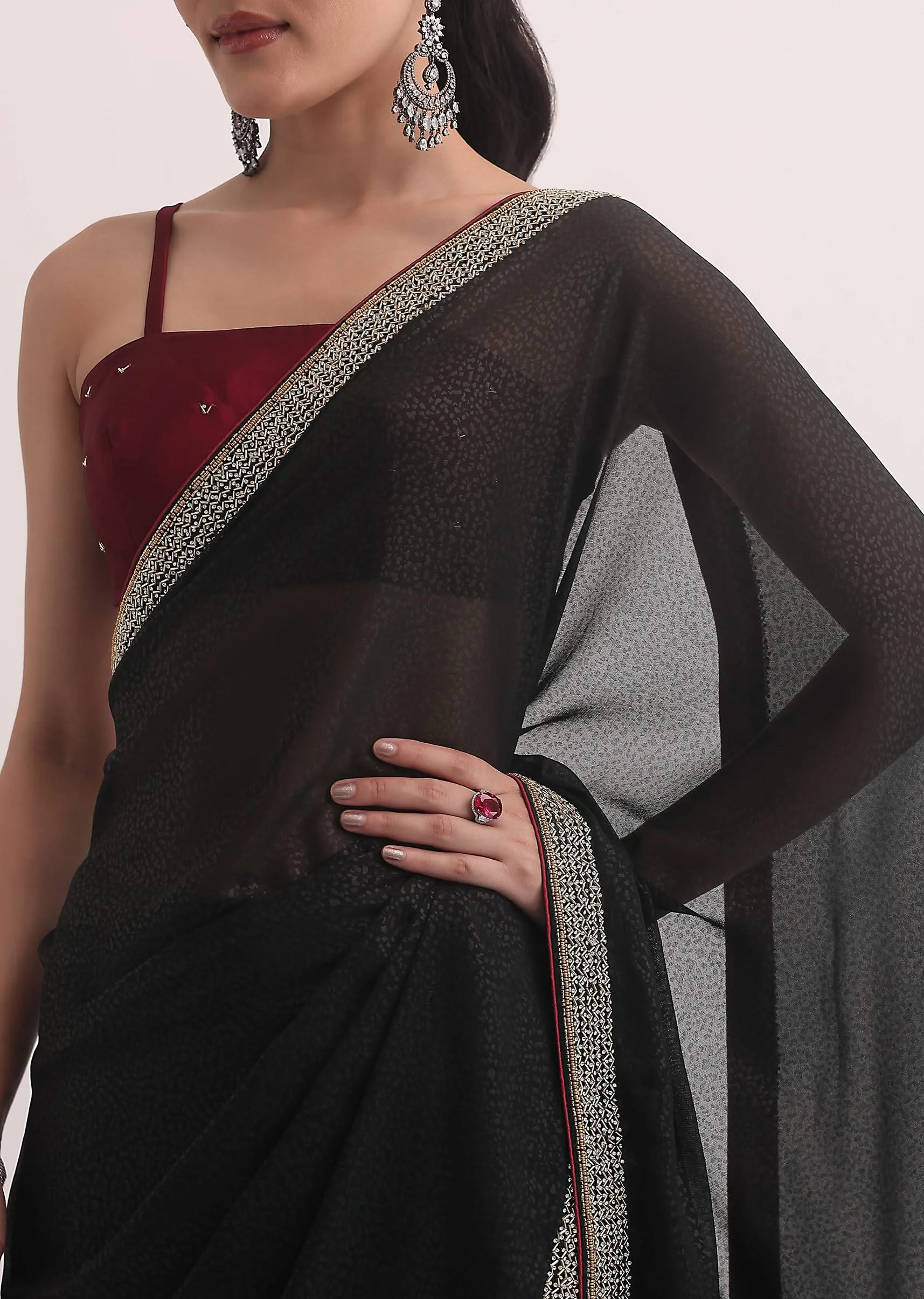 Black Jacquard Saree In Stone Embroidery With Unstitched Blouse