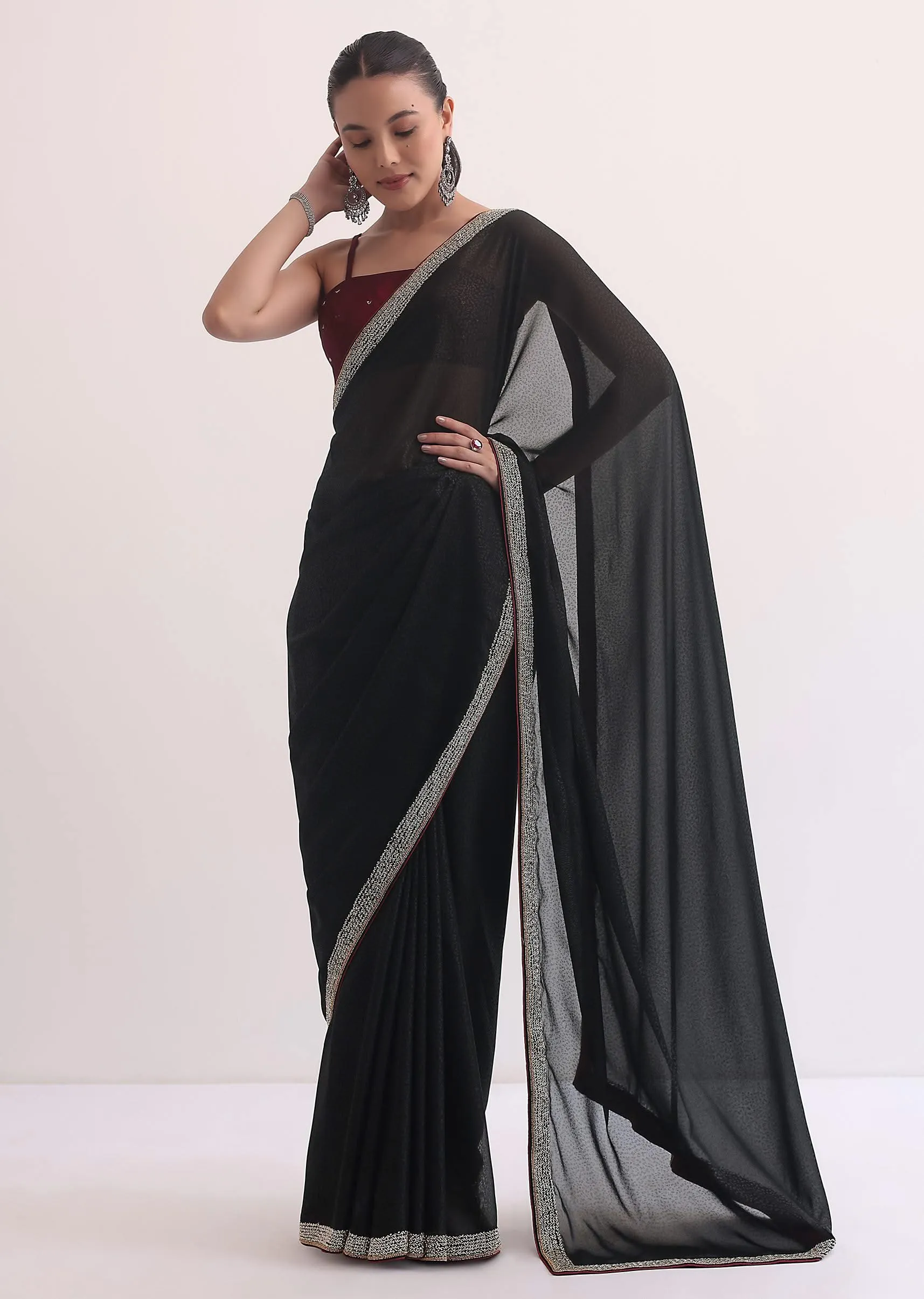 Black Jacquard Saree In Stone Embroidery With Unstitched Blouse