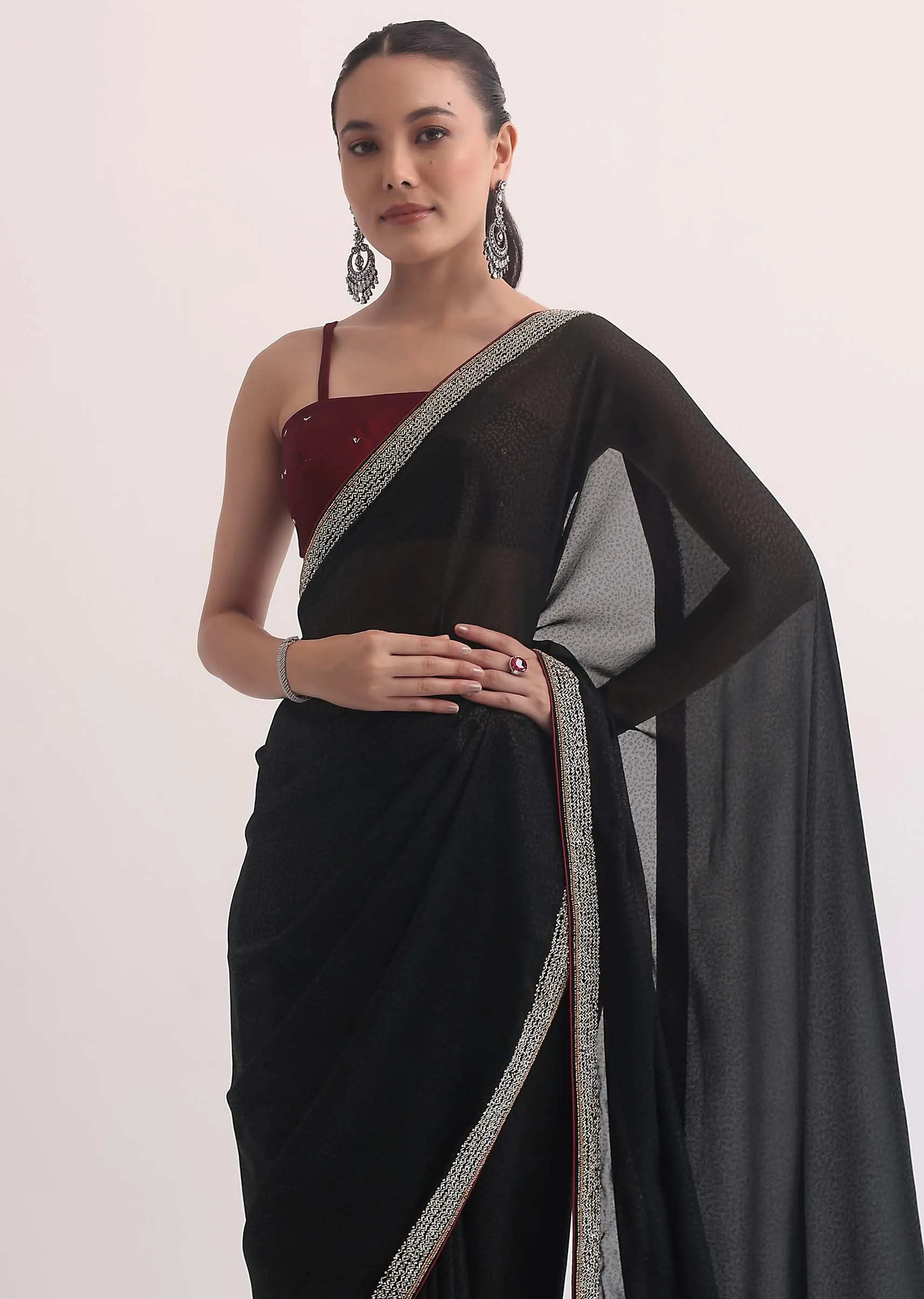 Black Jacquard Saree In Stone Embroidery With Unstitched Blouse