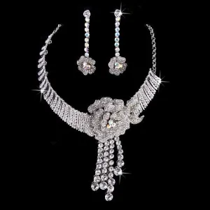 Bridal Wedding Jewelry Set Crystal Rhinestone Stunning Beautiful Floral Silver