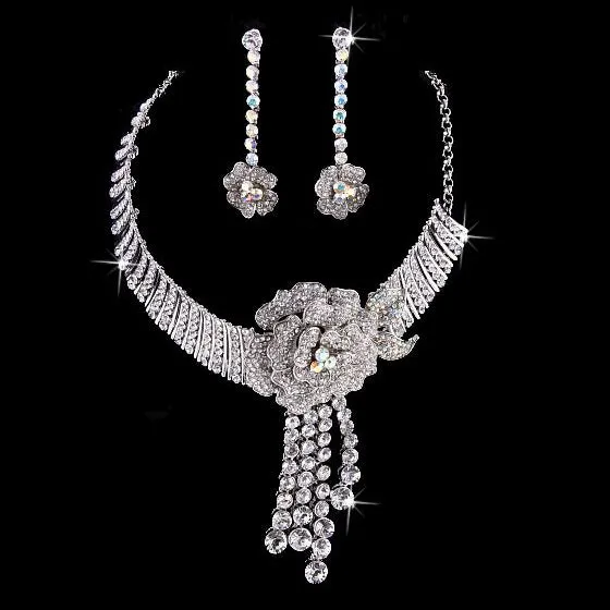 Bridal Wedding Jewelry Set Crystal Rhinestone Stunning Beautiful Floral Silver