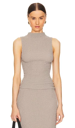 Enza Costa Puckered Sleeveless High Neck in Taupe