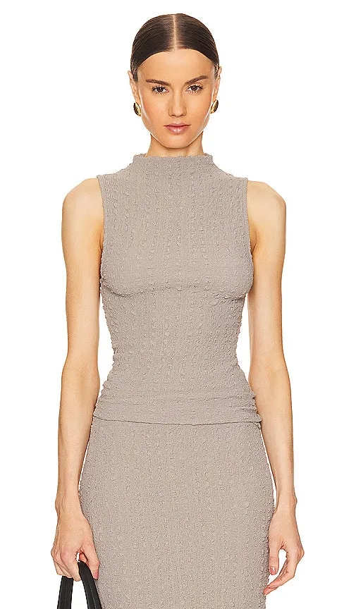 Enza Costa Puckered Sleeveless High Neck in Taupe