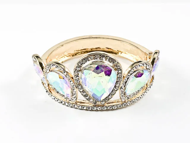 Fancy Fun Crown Design Large Aurora Borealis Crystals Gold Tone Fashion Bangles