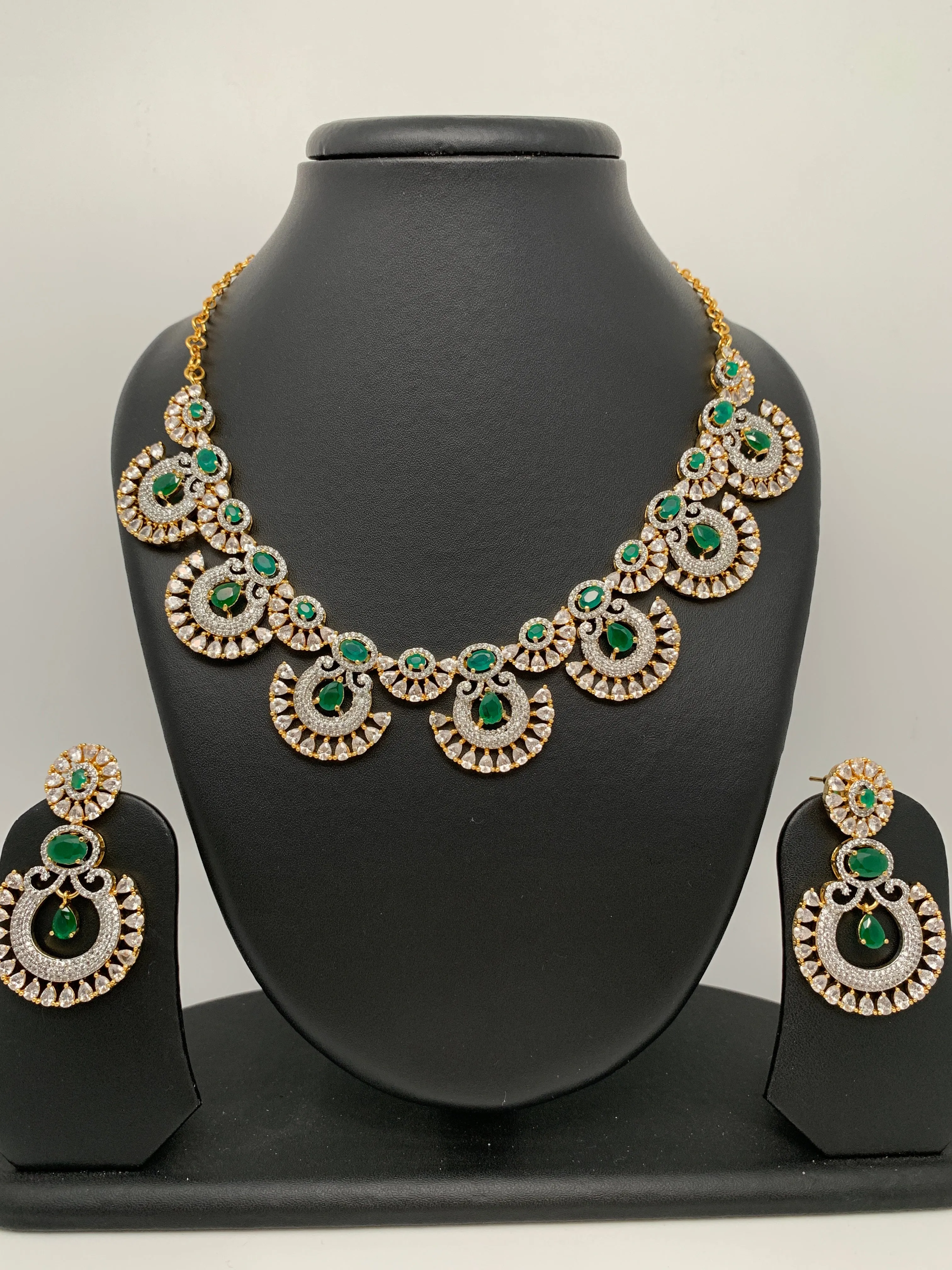Green Stone American Diamond Finish Short Necklace