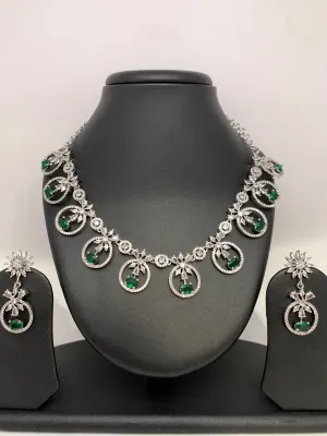 Green Stone American Diamond Floral pattern Short Necklace in Silver Polish