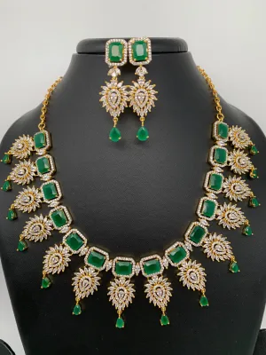 Green Stone Leaf Links American Diamond Finish Short Necklace
