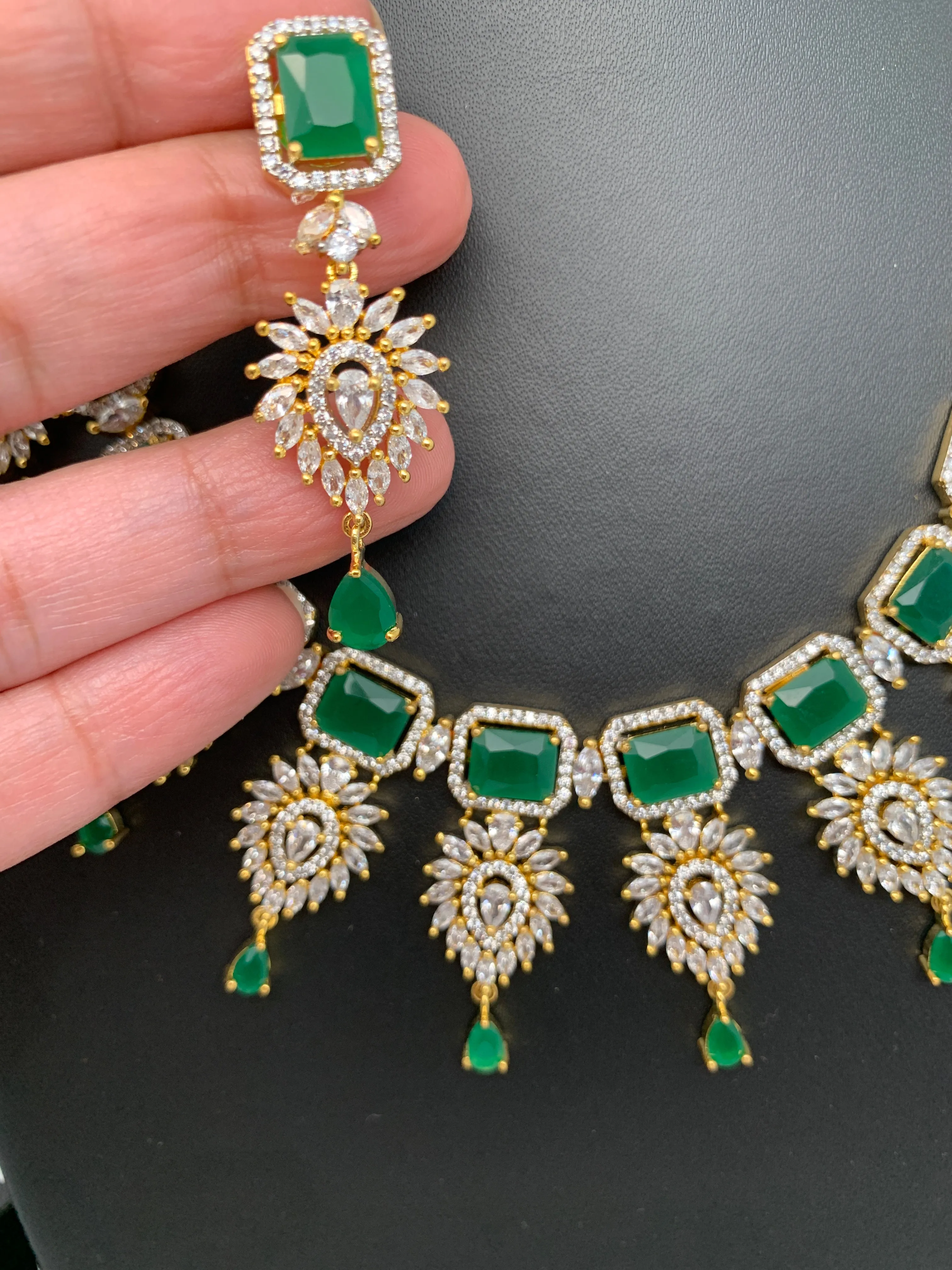 Green Stone Leaf Links American Diamond Finish Short Necklace
