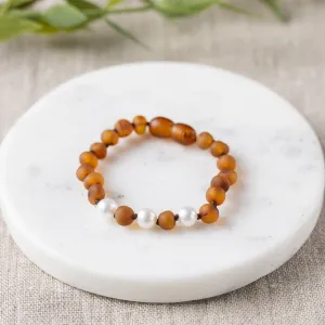 Kids | Freshwater Pearl Accent   Raw Cognac Amber Bracelet