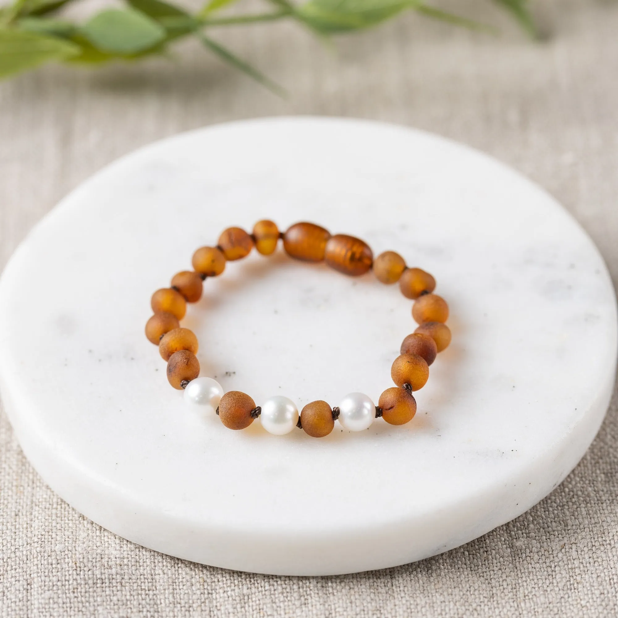 Kids | Freshwater Pearl Accent   Raw Cognac Amber Bracelet