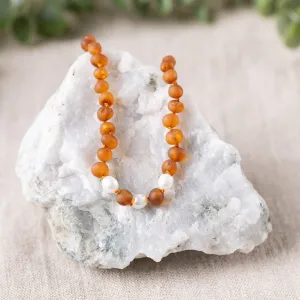 Kids | Freshwater Pearl Accent   Raw Cognac Amber Necklace