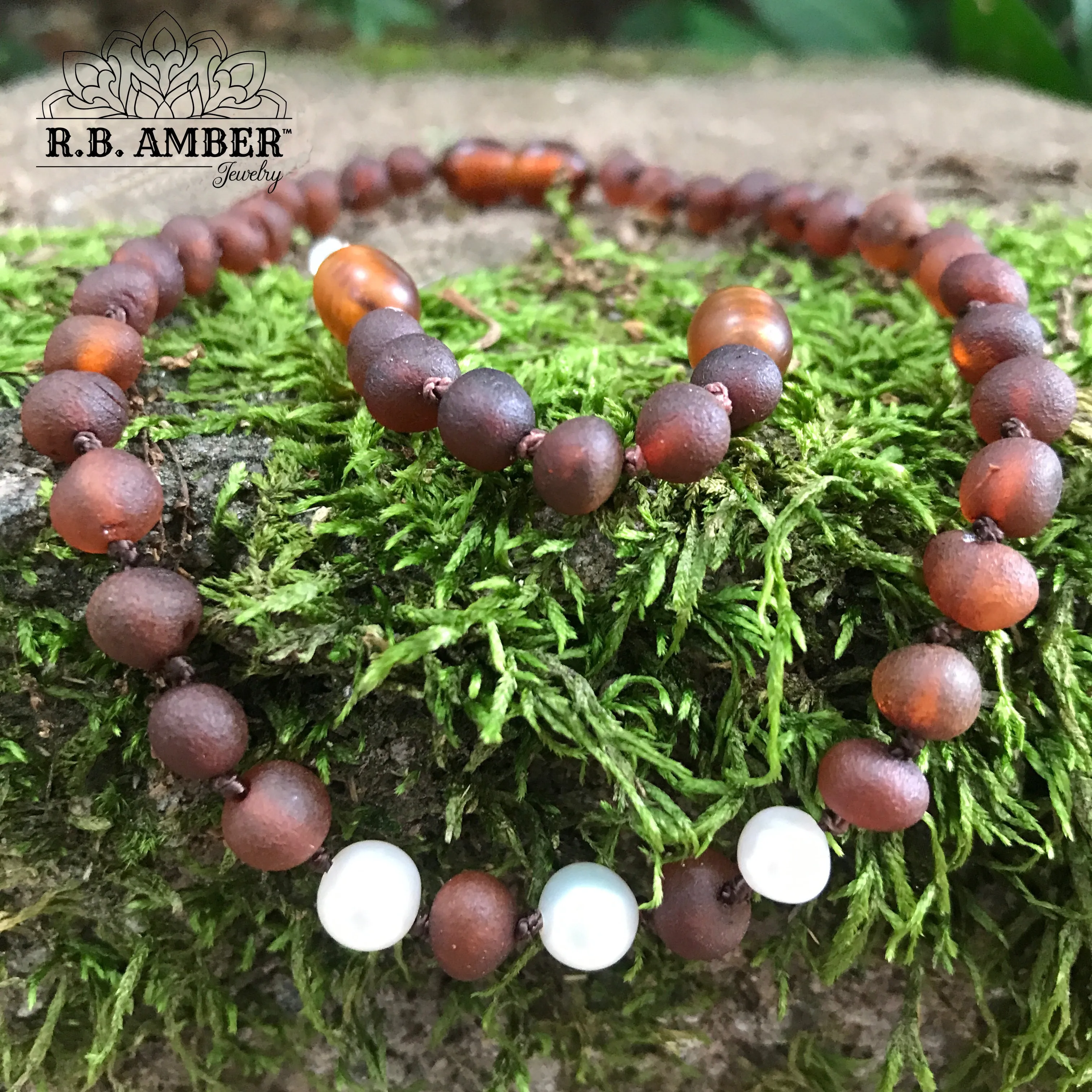 Kids | Freshwater Pearl Accent   Raw Cognac Amber Necklace