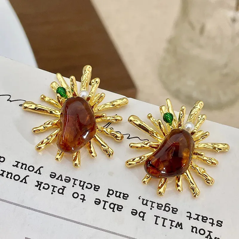 MAYTRENDS  -  Alien Irregular Thorns Fireworks Light Amber Color Metal Exaggerate Large Earrings for Women Party Jewelry