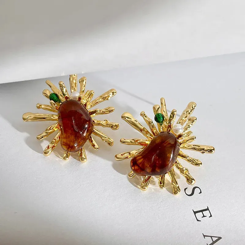 MAYTRENDS  -  Alien Irregular Thorns Fireworks Light Amber Color Metal Exaggerate Large Earrings for Women Party Jewelry