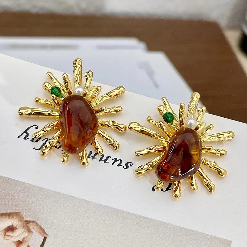 MAYTRENDS  -  Alien Irregular Thorns Fireworks Light Amber Color Metal Exaggerate Large Earrings for Women Party Jewelry