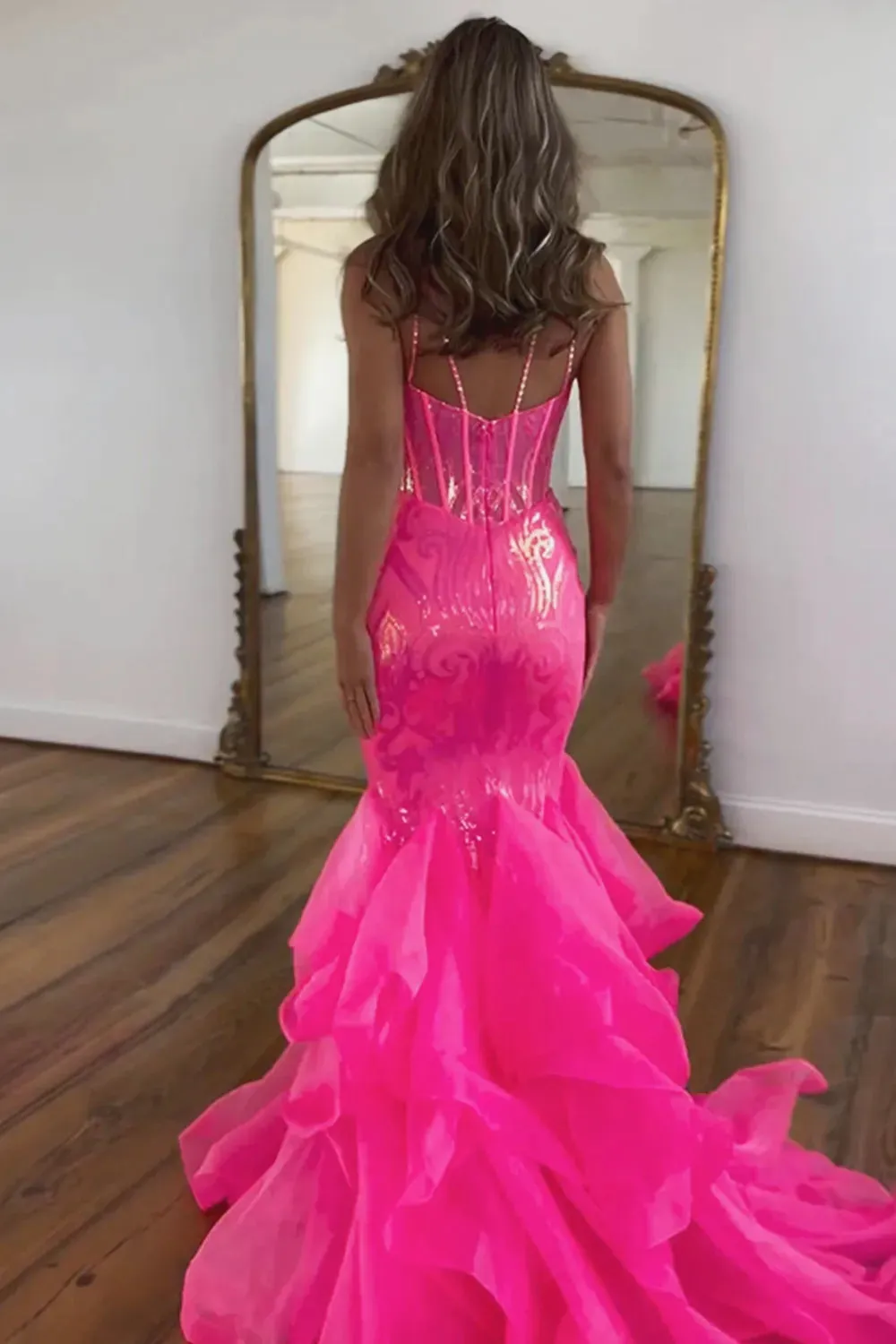 Mermaid Prom Dress Stunning Spaghetti Straps Long Glitter With Ruffles