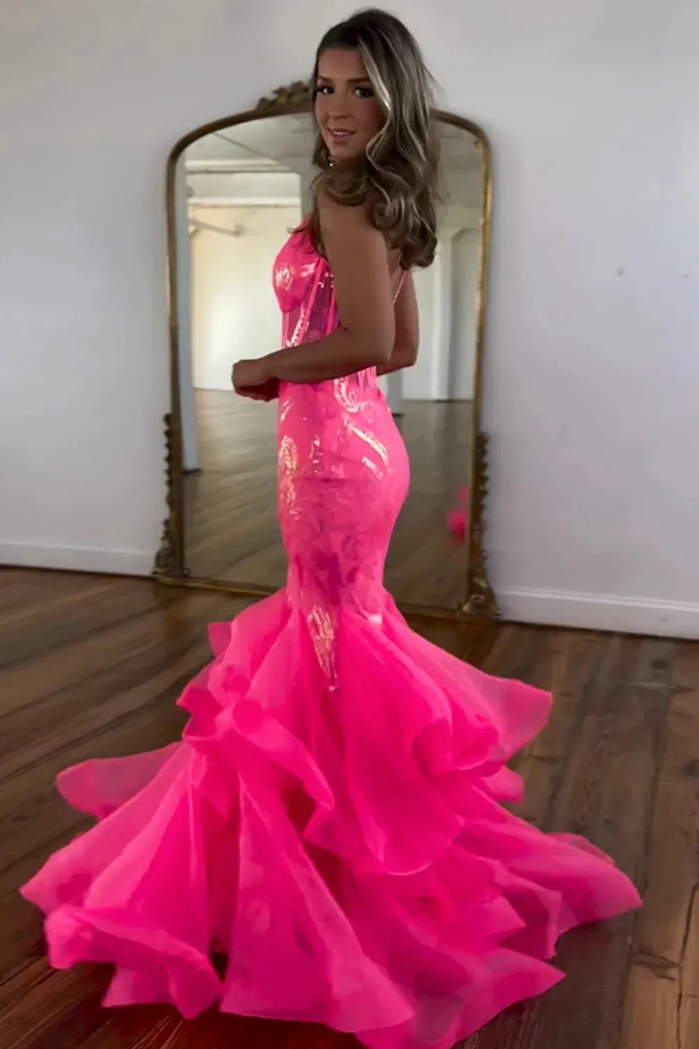 Mermaid Prom Dress Stunning Spaghetti Straps Long Glitter With Ruffles