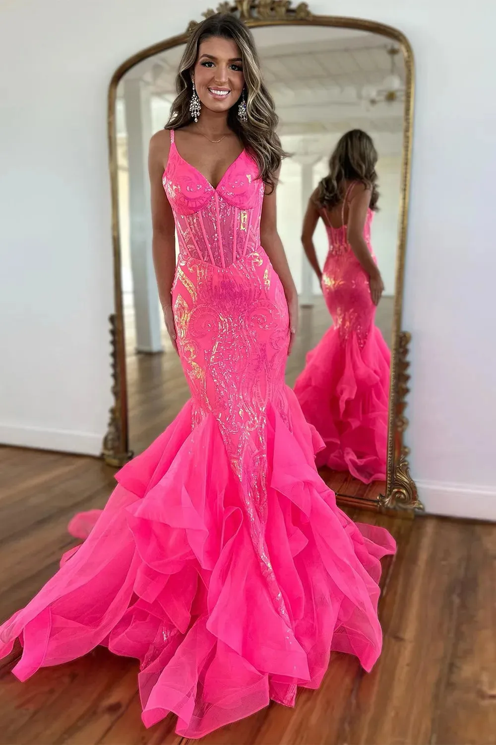 Mermaid Prom Dress Stunning Spaghetti Straps Long Glitter With Ruffles