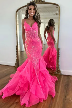 Mermaid Prom Dress Stunning Spaghetti Straps Long Glitter With Ruffles