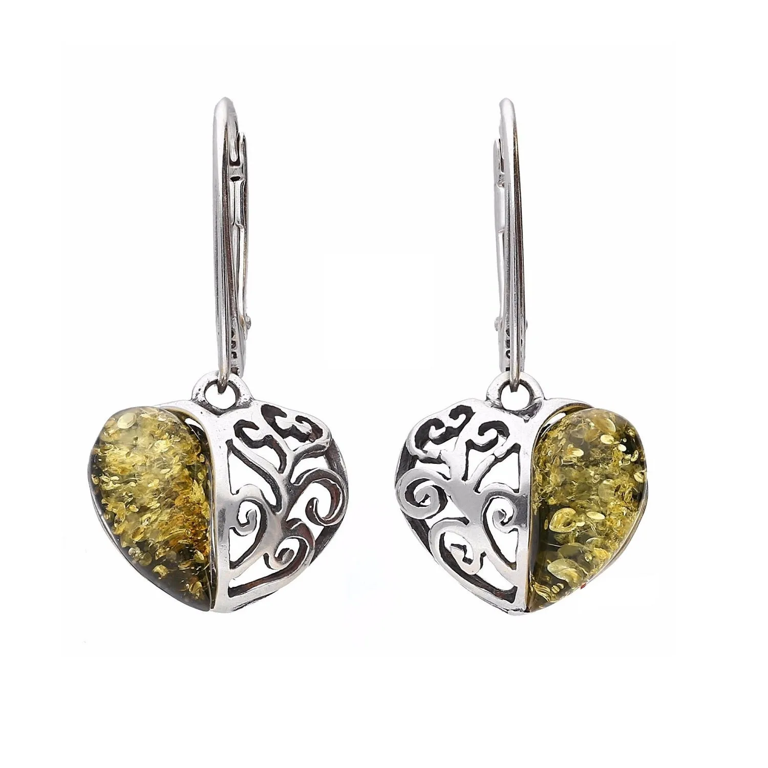 MILENA Drop Earrings Silver and Green Amber Heart Filigree
