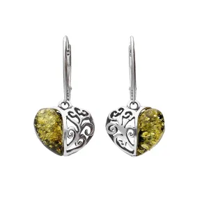 MILENA Drop Earrings Silver and Green Amber Heart Filigree