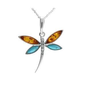 MILENA necklace Silver with Amber and Turquoise Dragonfly