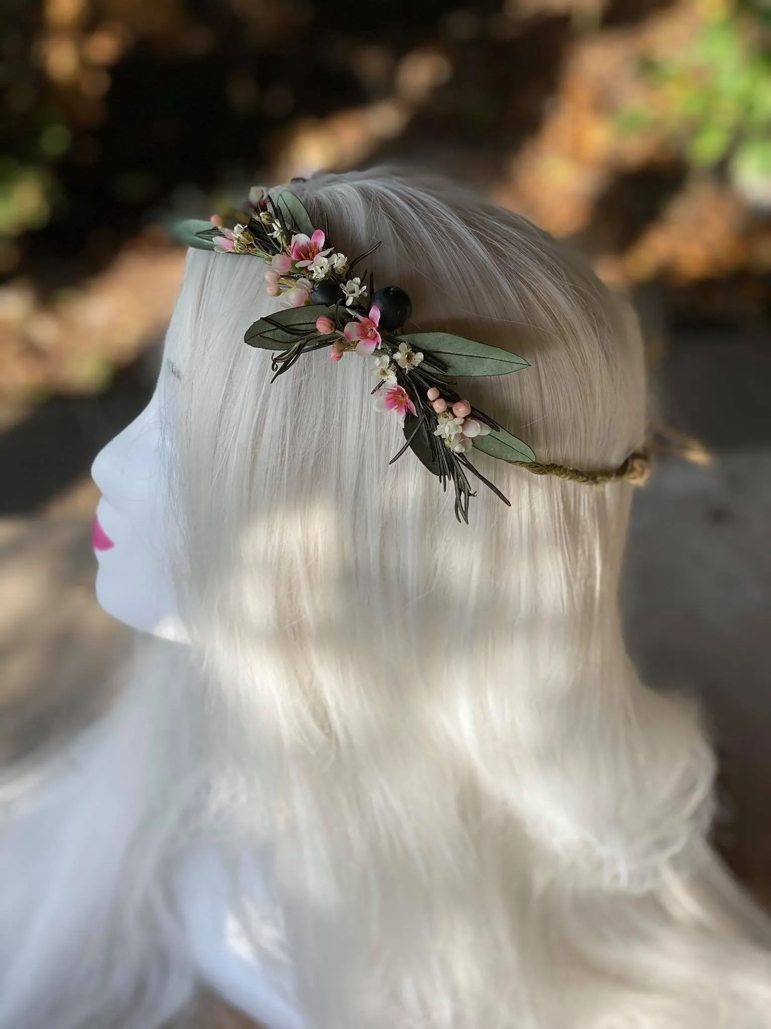 Natural romantic crown Flower hair wreath Rosemary Olive leaves flower wreath Blumen haarkrone Haarkranz Bridal flower crown Pink and Green