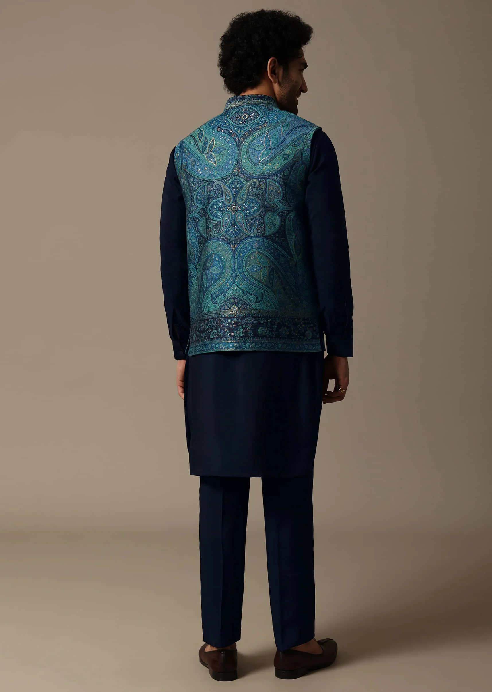 Navy Blue Printed Pashmina Silk Kurta Jacket Set For Men