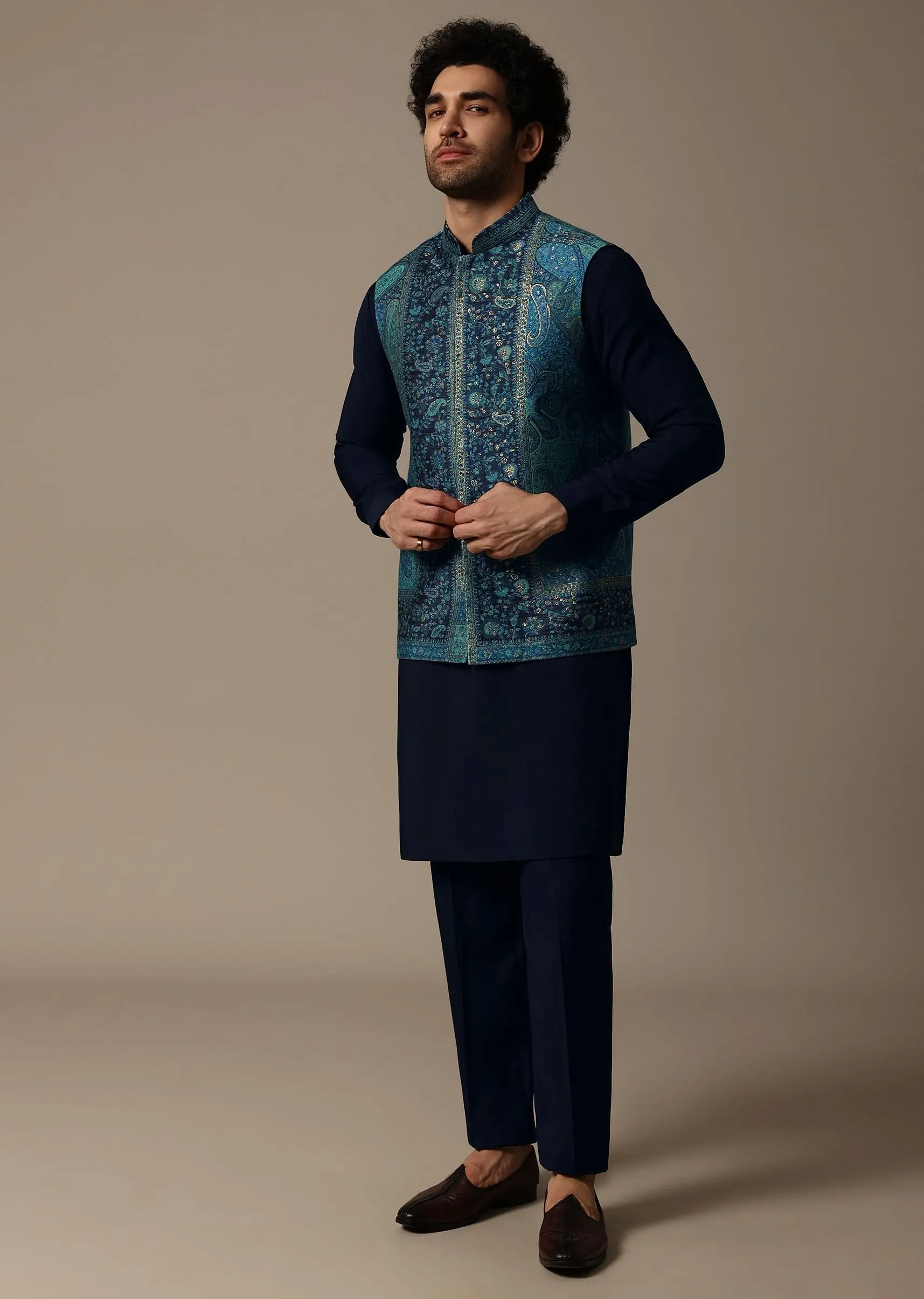 Navy Blue Printed Pashmina Silk Kurta Jacket Set For Men
