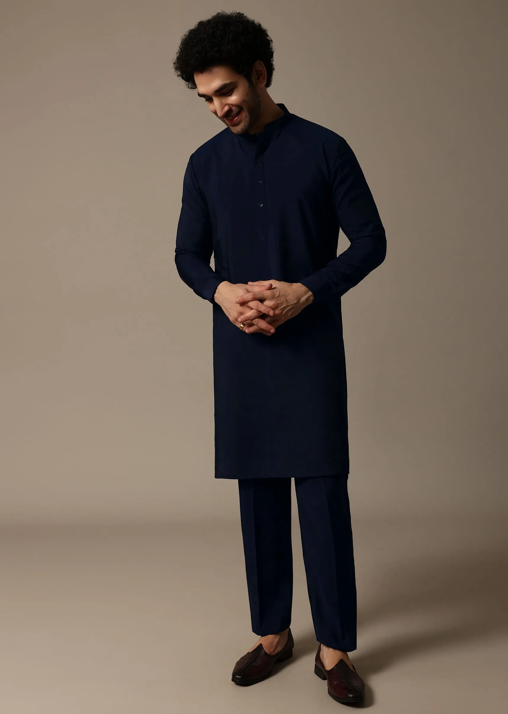 Navy Blue Printed Pashmina Silk Kurta Jacket Set For Men