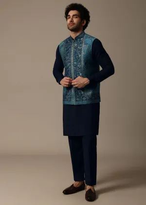Navy Blue Printed Pashmina Silk Kurta Jacket Set For Men