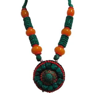 Nepali Handmade Tibetan Yoga Coral and Aqua-Green Turquoise Beaded Vintage Necklace boho jewelry