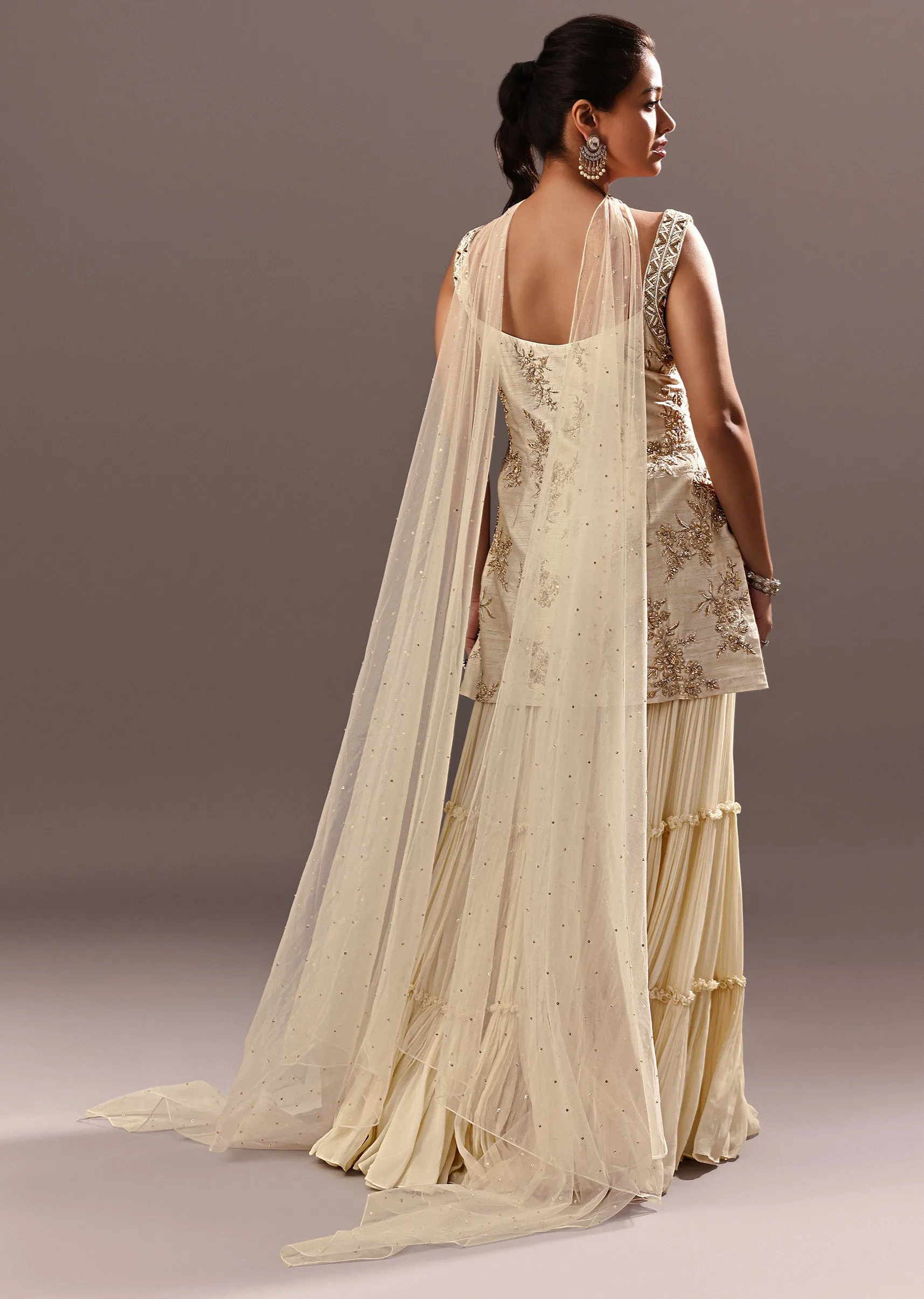 Off White Embroidered Kurta Sharara With Choker Dupatta