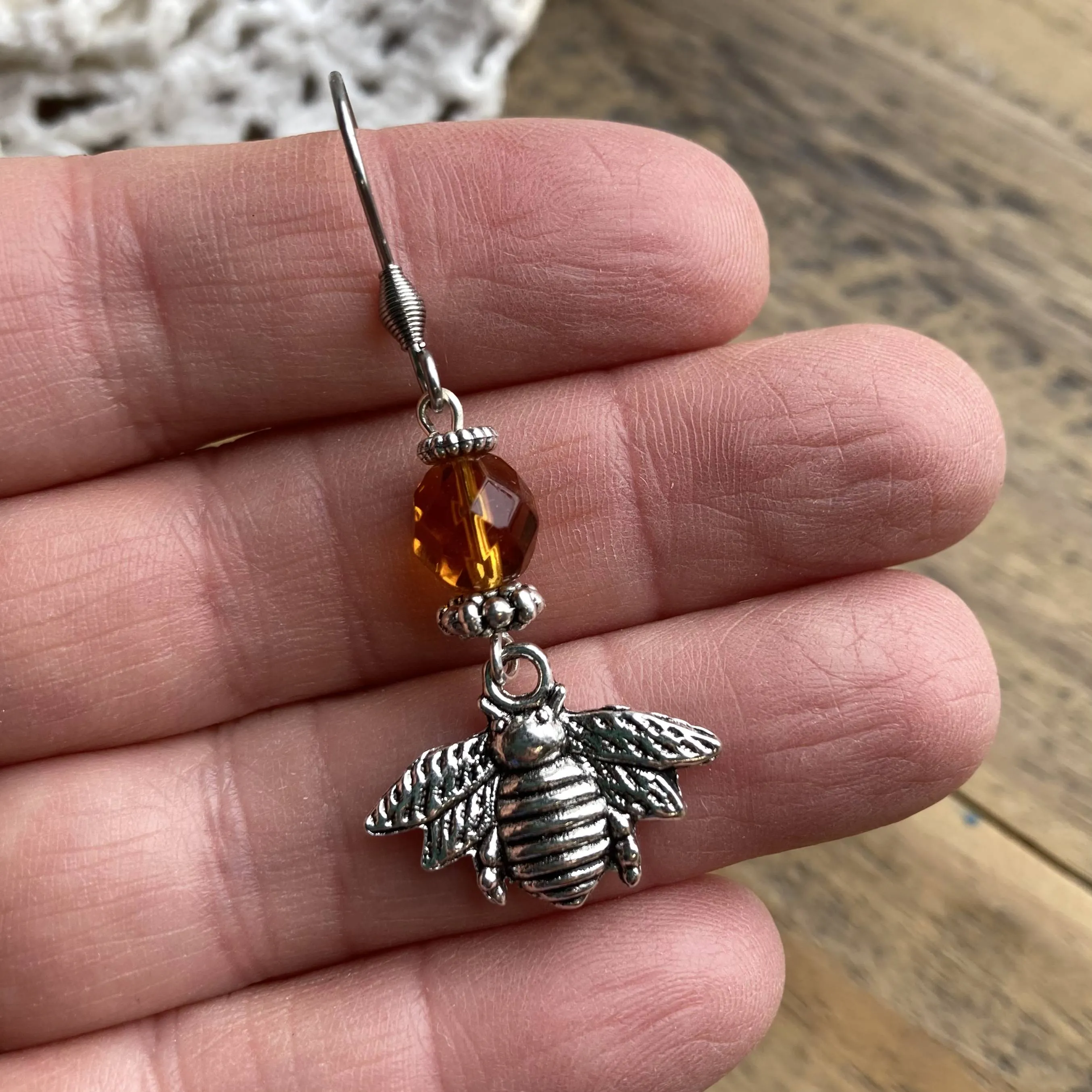 Silver Bee Charm Earrings with Honey Bead