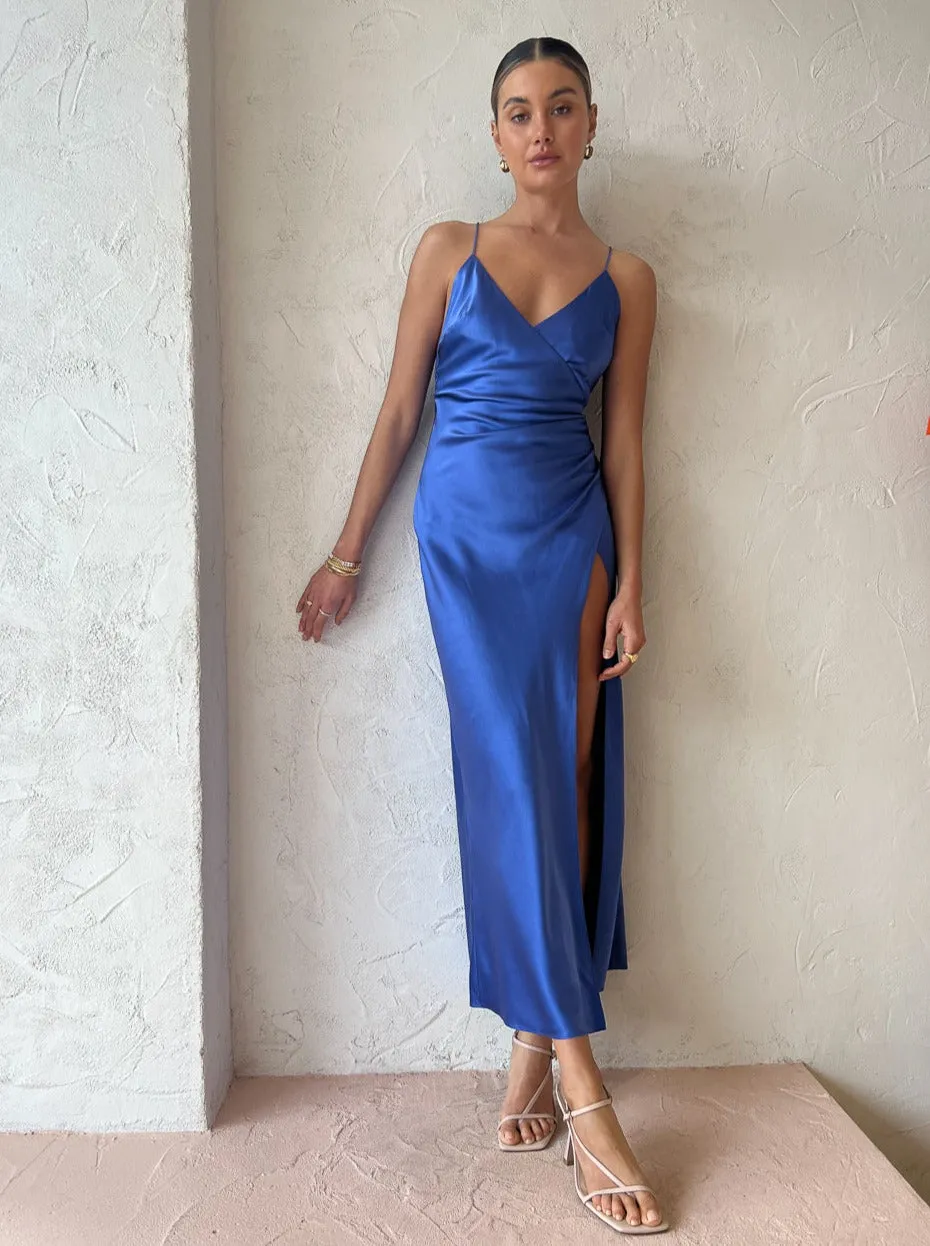 Sofia The Label Elle Silk Midi Dress in Royal Blue
